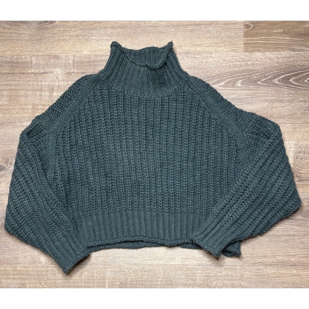 H&M Women's Chunky Knit Mock Neck Cropped Sweater Teal Green Wool Blend Large‎